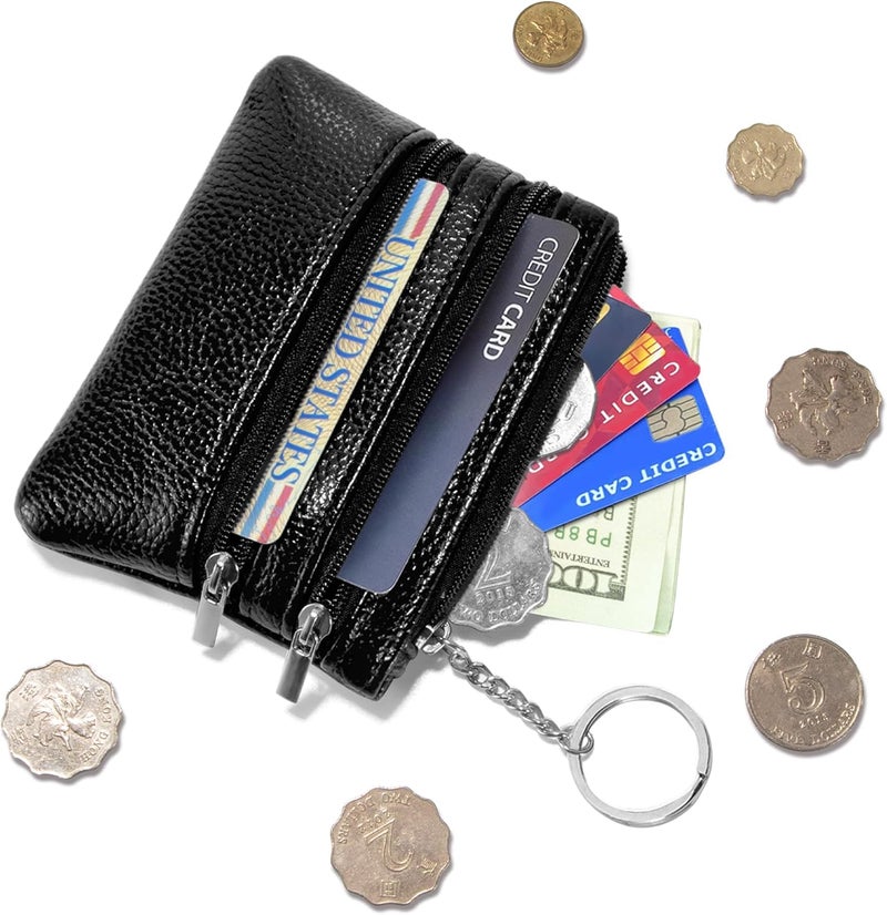Chelmon 2 Pack Coin Purse Pouch Change Card Holder Small Wallet with Keychain for Women and Men (Black & Black) - Image 2